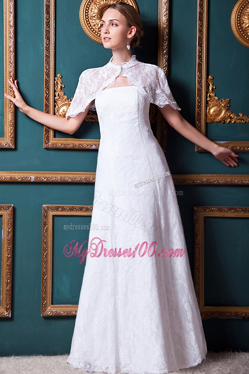Beauty Column Strapless Floor-length Lace Wedding Dress