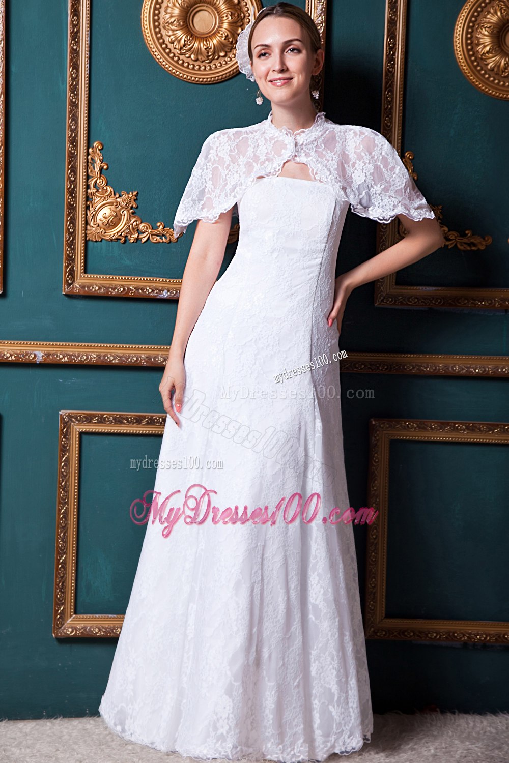 Beauty Column Strapless Floor-length Lace Wedding Dress
