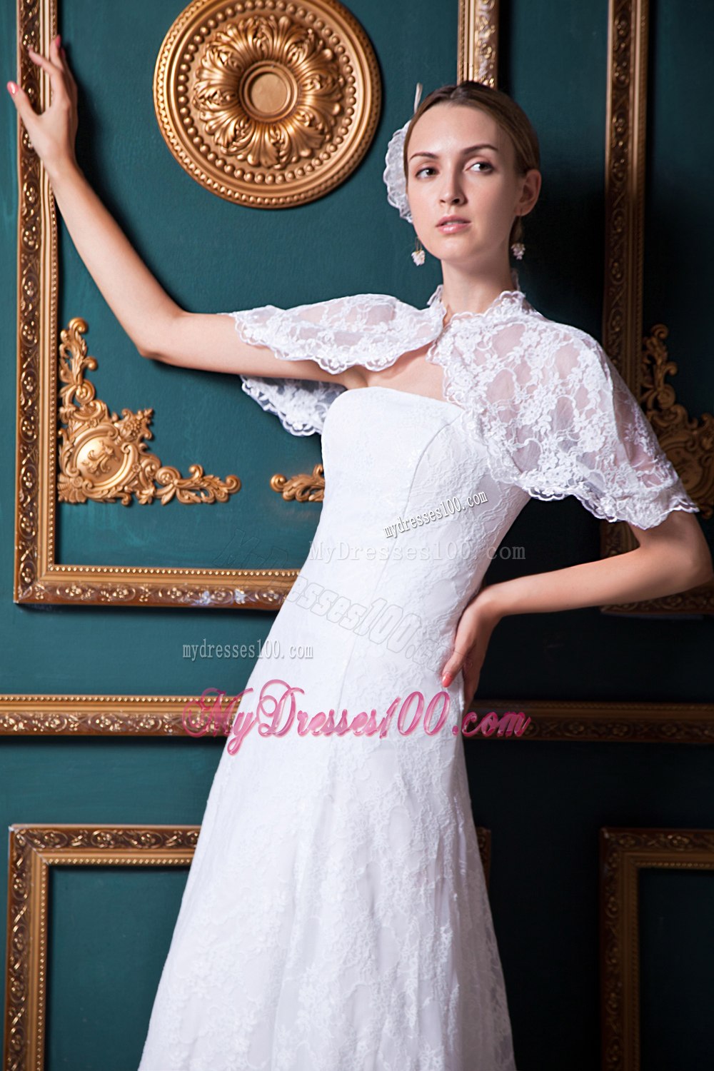 Beauty Column Strapless Floor-length Lace Wedding Dress