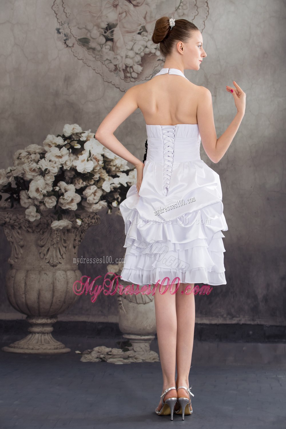 Black Hand Made Flowers Halter Top Princess Short Wedding Dress