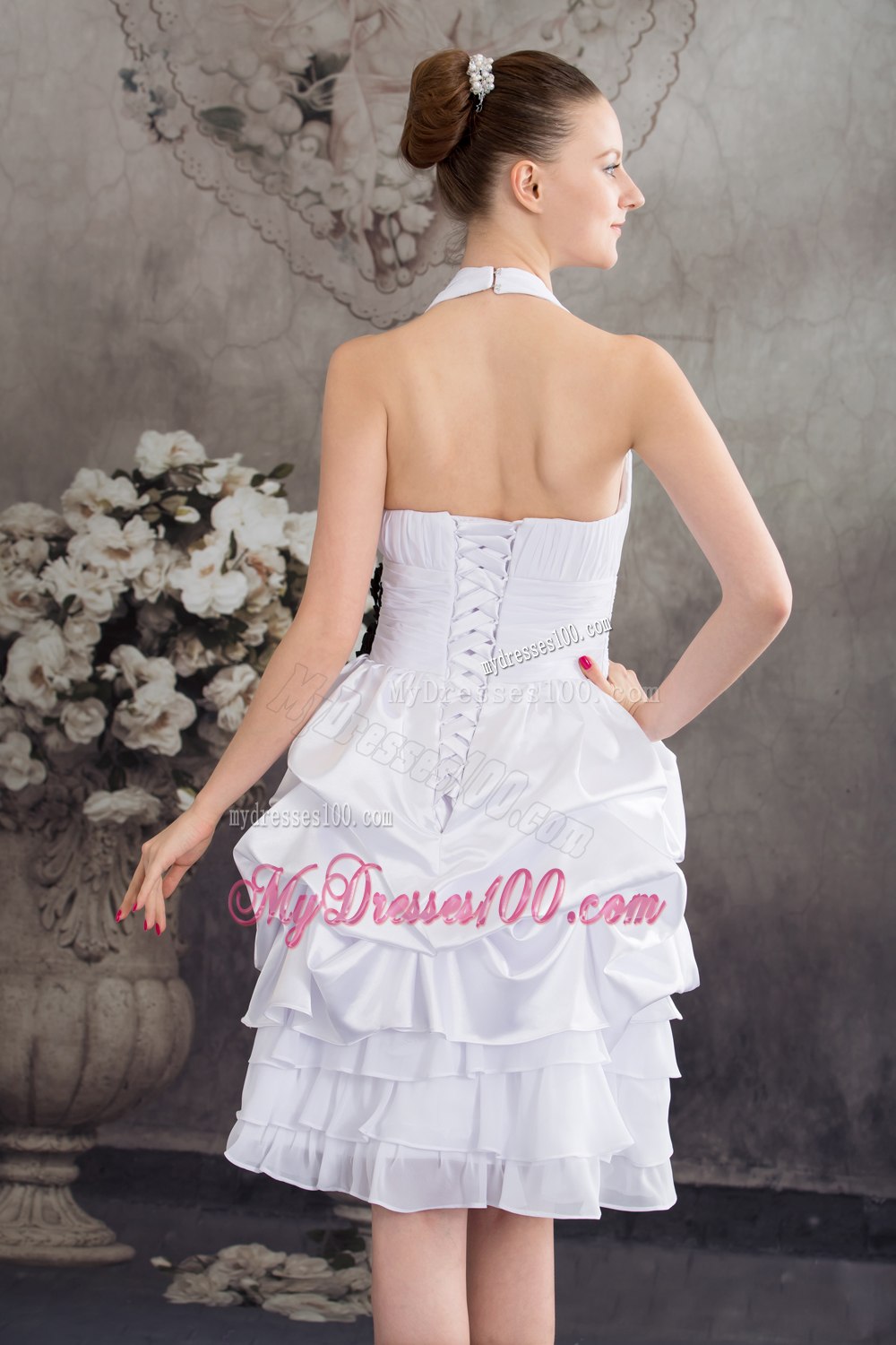 Black Hand Made Flowers Halter Top Princess Short Wedding Dress