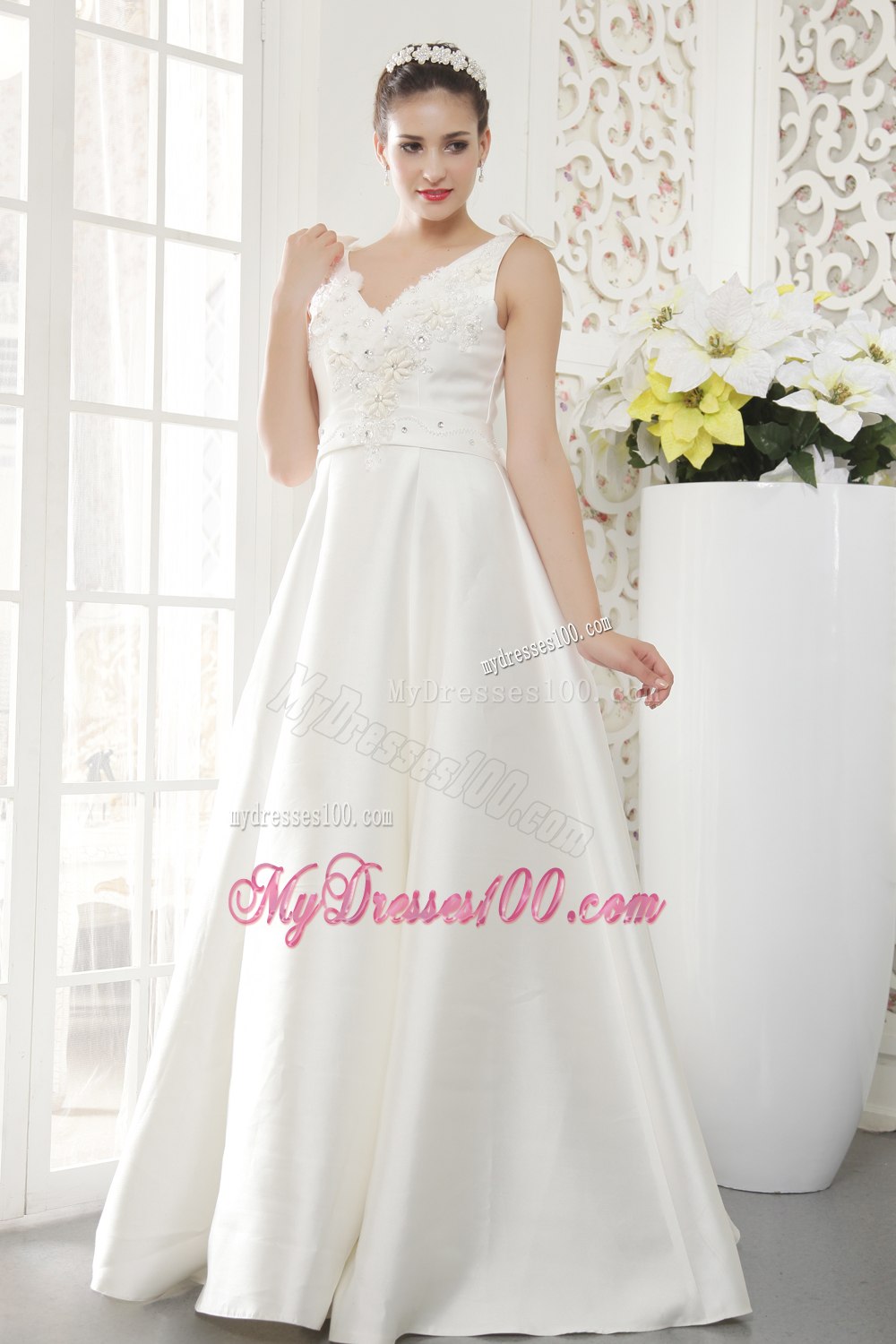 Brand New Princess V-neck Floor-length Beading Wedding Dress