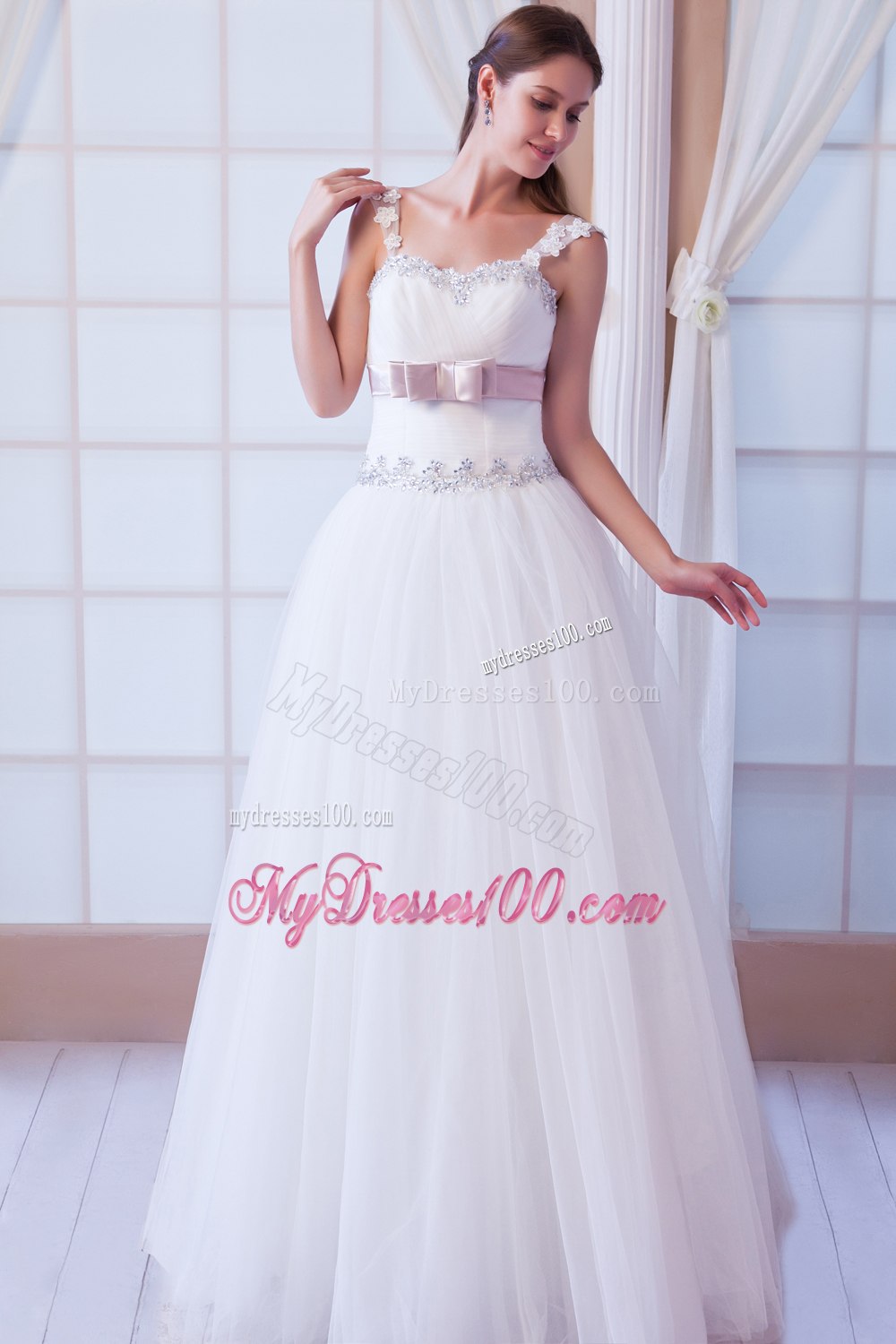 Brand New Straps Floor-length Beading and Belt Wedding Dress