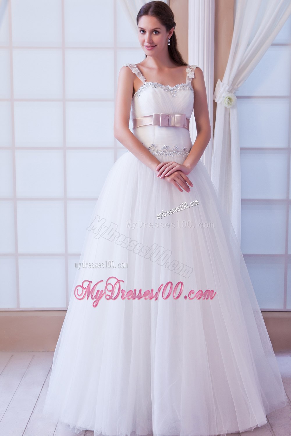Brand New Straps Floor-length Beading and Belt Wedding Dress