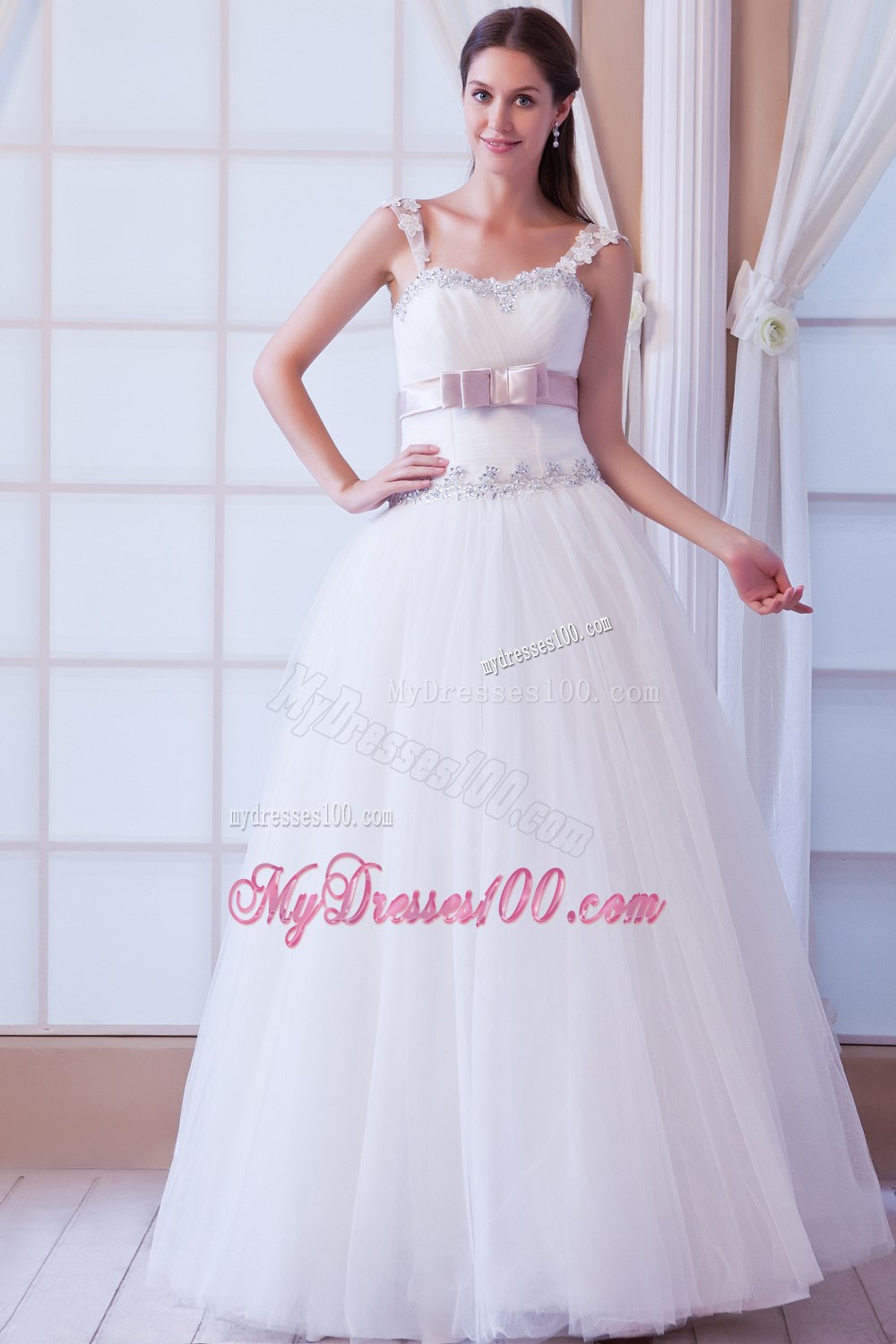 Brand New Straps Floor-length Beading and Belt Wedding Dress
