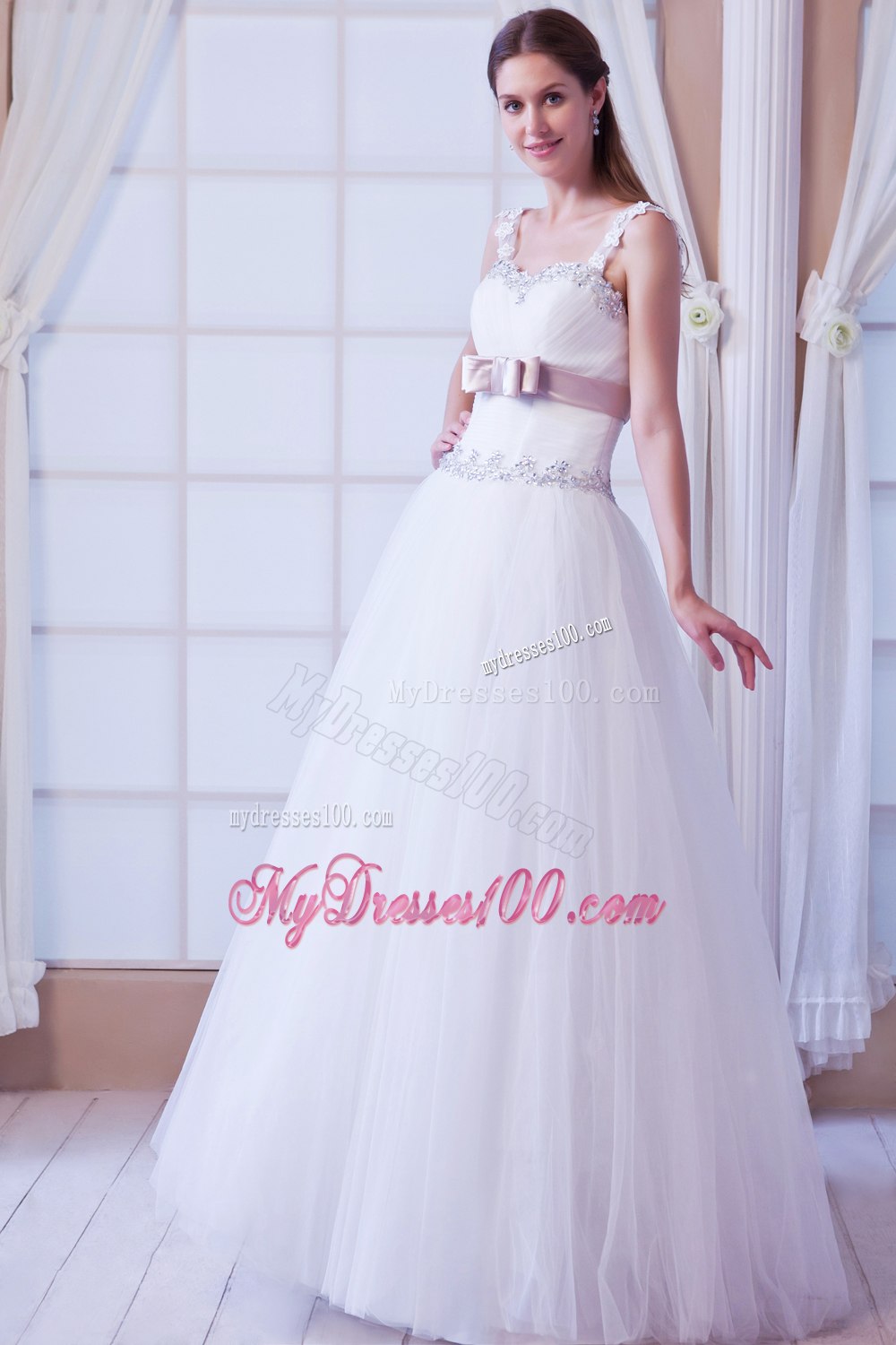 Brand New Straps Floor-length Beading and Belt Wedding Dress