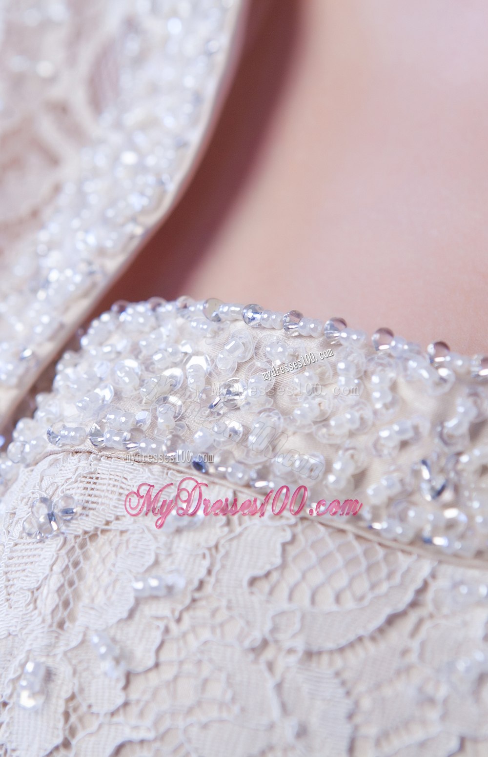 Champagne Column Strapless Mini-length Lace Beading Wedding Dress