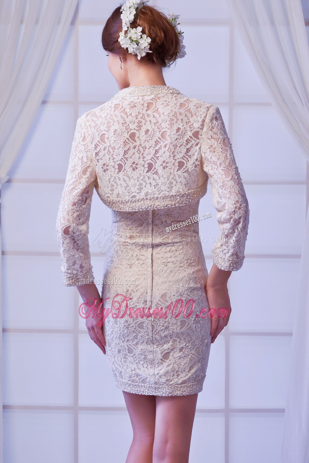 Champagne Column Strapless Mini-length Lace Beading Wedding Dress