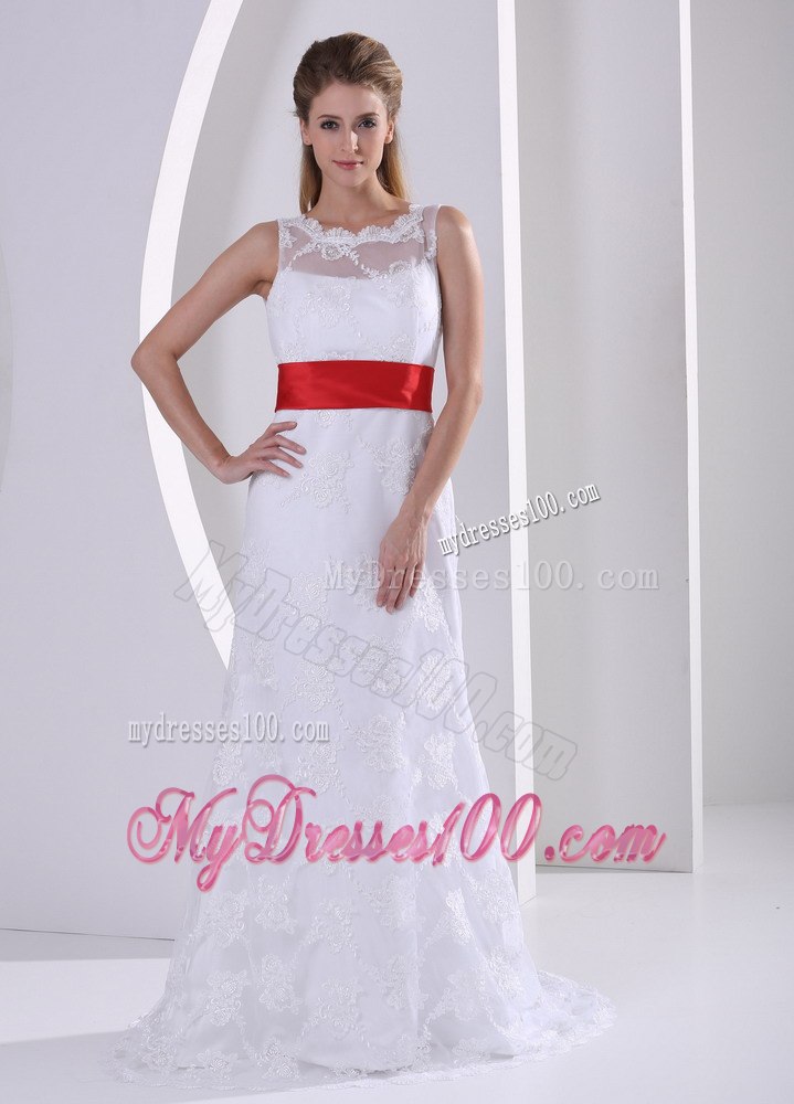 Column Bateau Lace Sash Romatic Wedding Dress For Hall