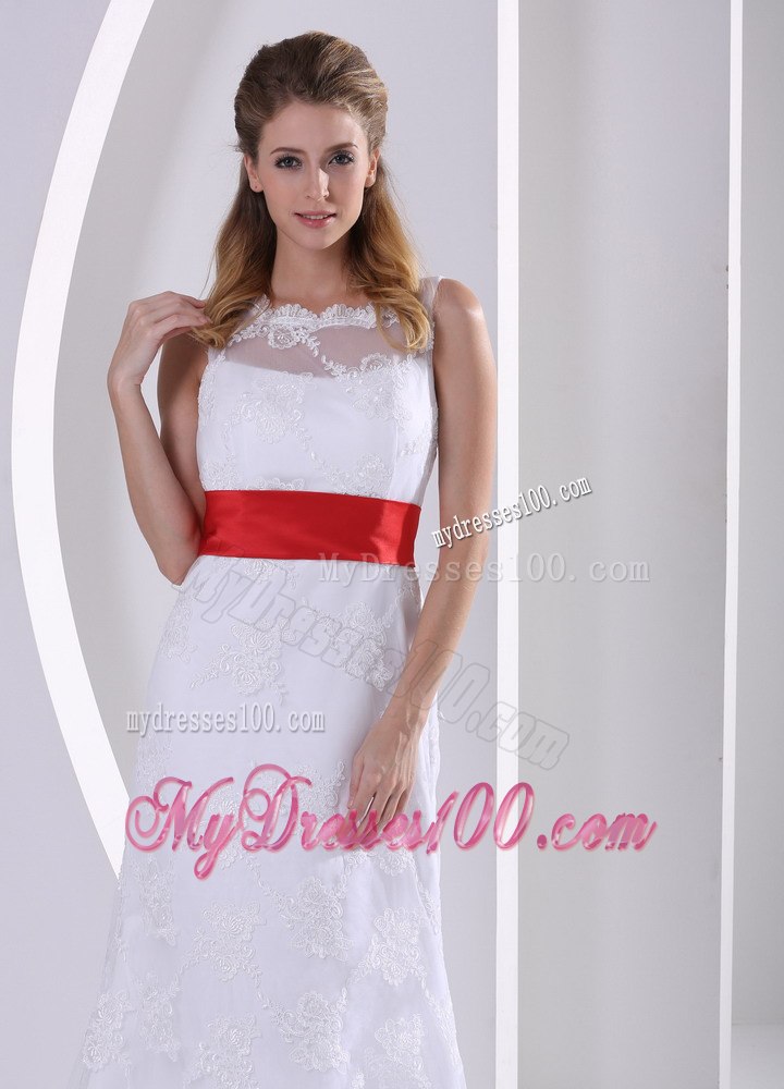 Column Bateau Lace Sash Romatic Wedding Dress For Hall