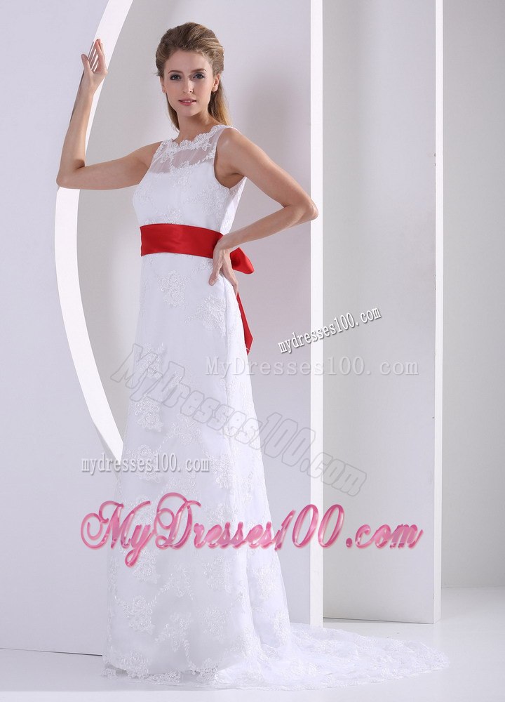 Column Bateau Lace Sash Romatic Wedding Dress For Hall