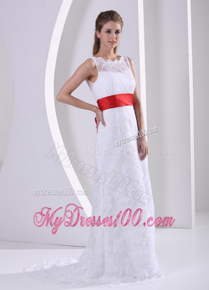 Column Bateau Lace Sash Romatic Wedding Dress For Hall