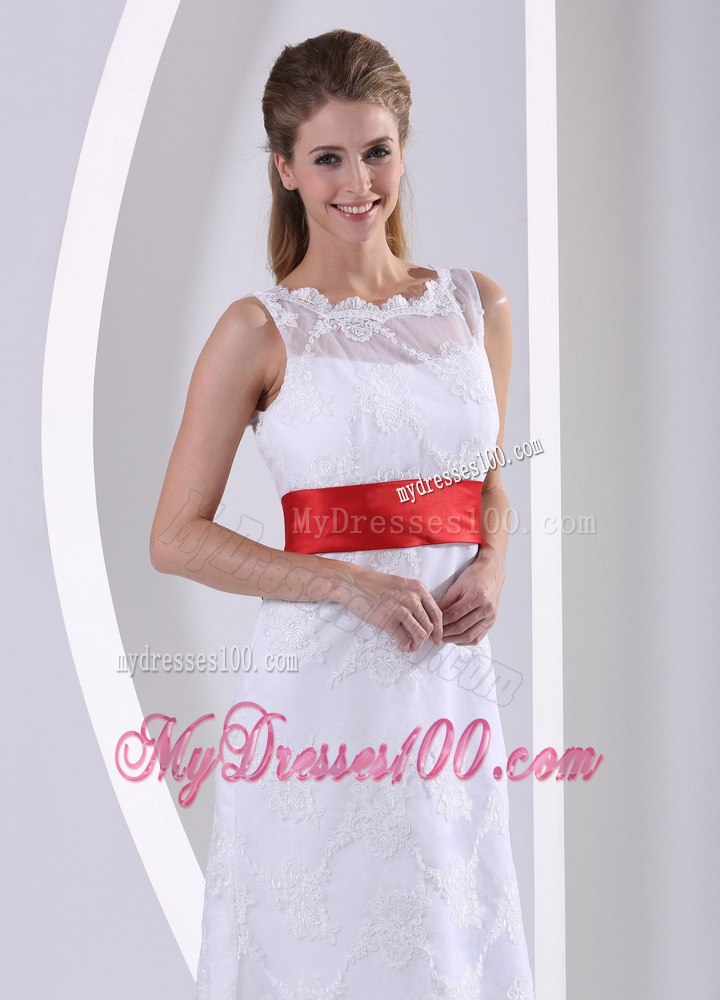 Column Bateau Lace Sash Romatic Wedding Dress For Hall