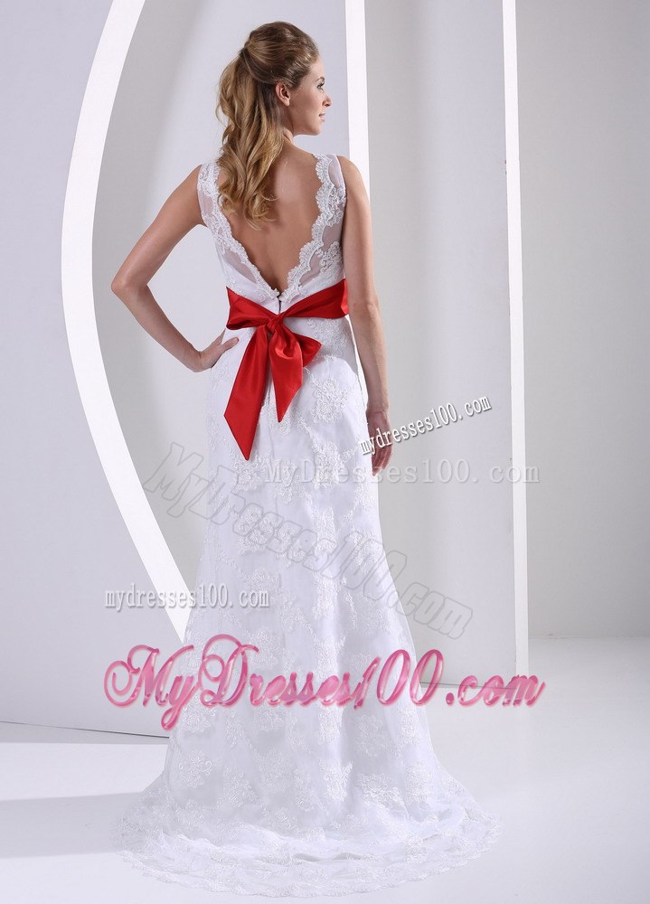 Column Bateau Lace Sash Romatic Wedding Dress For Hall