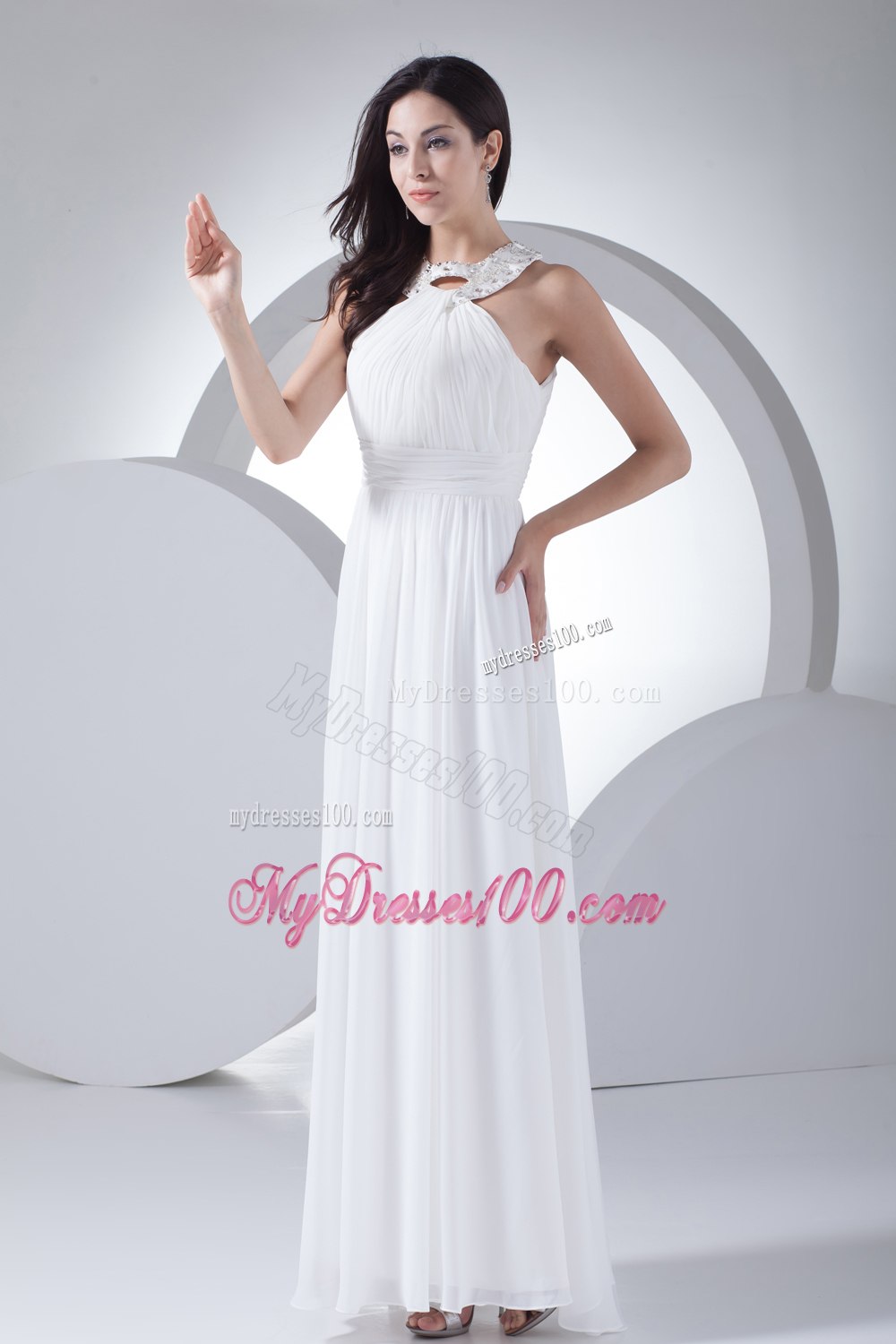Column High-neck Ruching Beading Wedding Dress