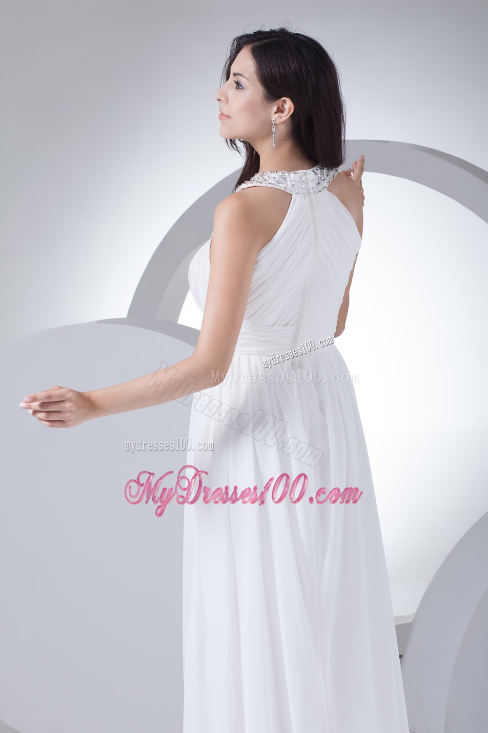 Column High-neck Ruching Beading Wedding Dress