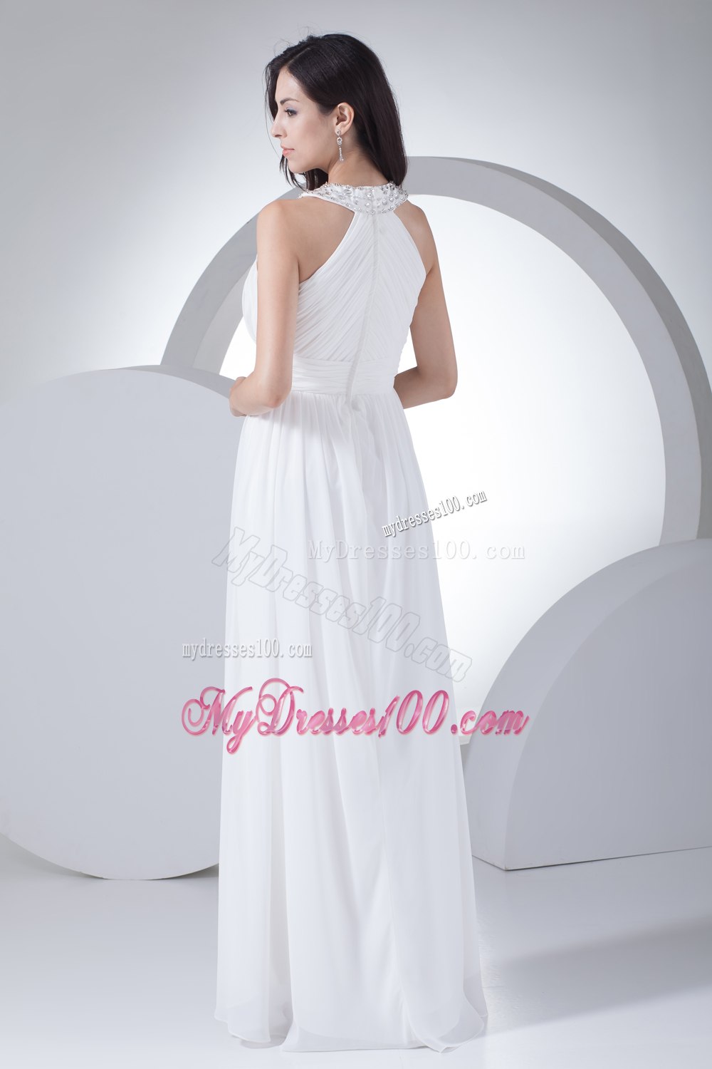 Column High-neck Ruching Beading Wedding Dress
