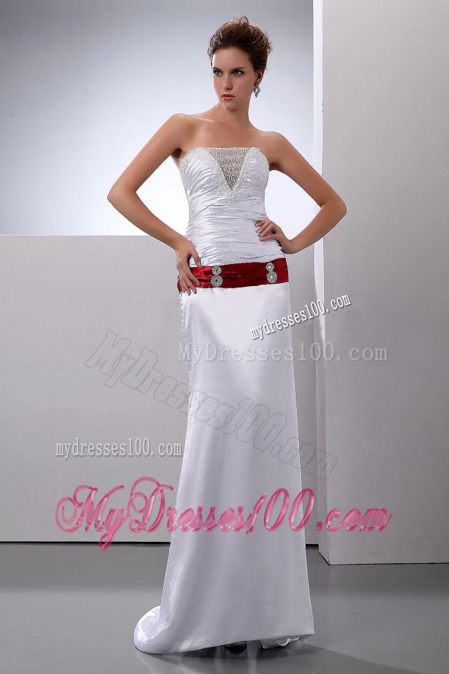 Column Strapless Ruched Sweep Train Wedding Dress with Red Sash