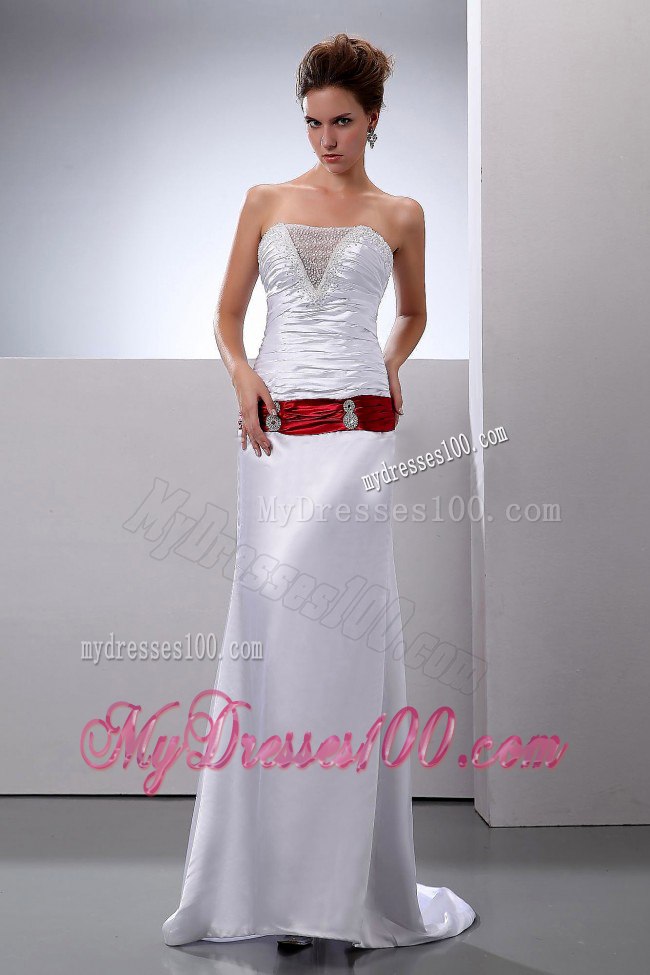 Column Strapless Ruched Sweep Train Wedding Dress with Red Sash