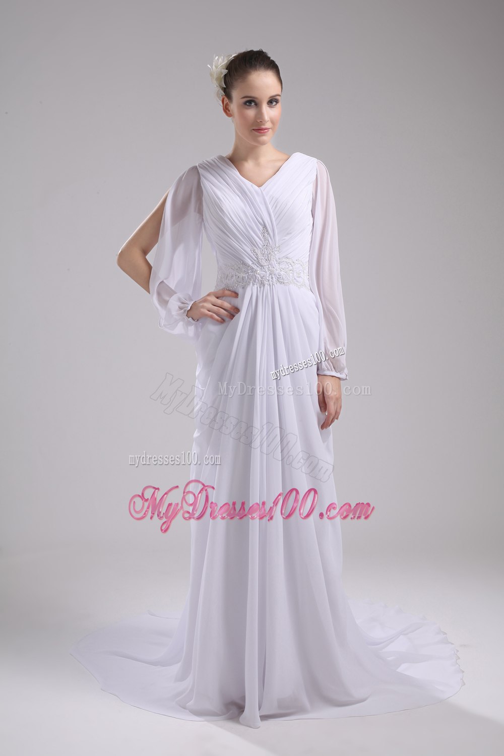 Column V-neck Ruching Long Sleeves Wedding Dress
