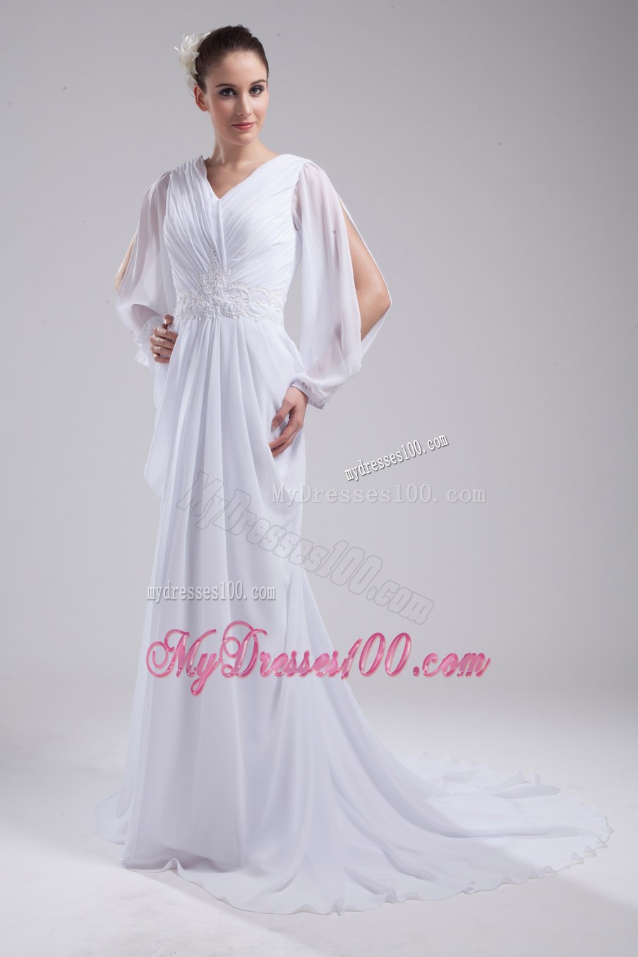 Column V-neck Ruching Long Sleeves Wedding Dress
