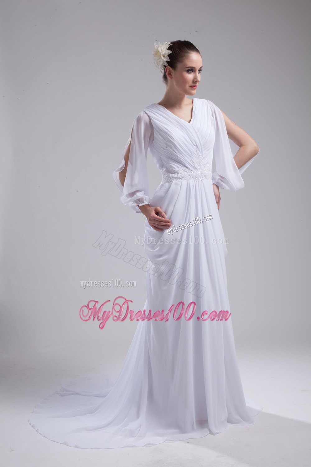 Column V-neck Ruching Long Sleeves Wedding Dress