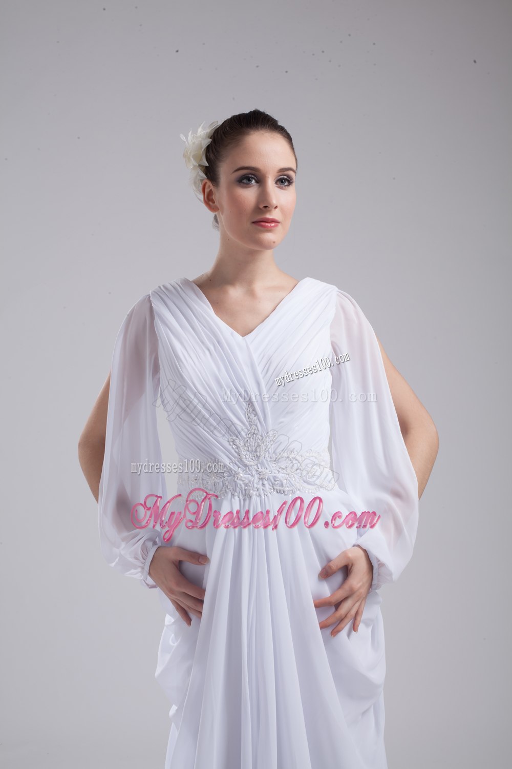 Column V-neck Ruching Long Sleeves Wedding Dress
