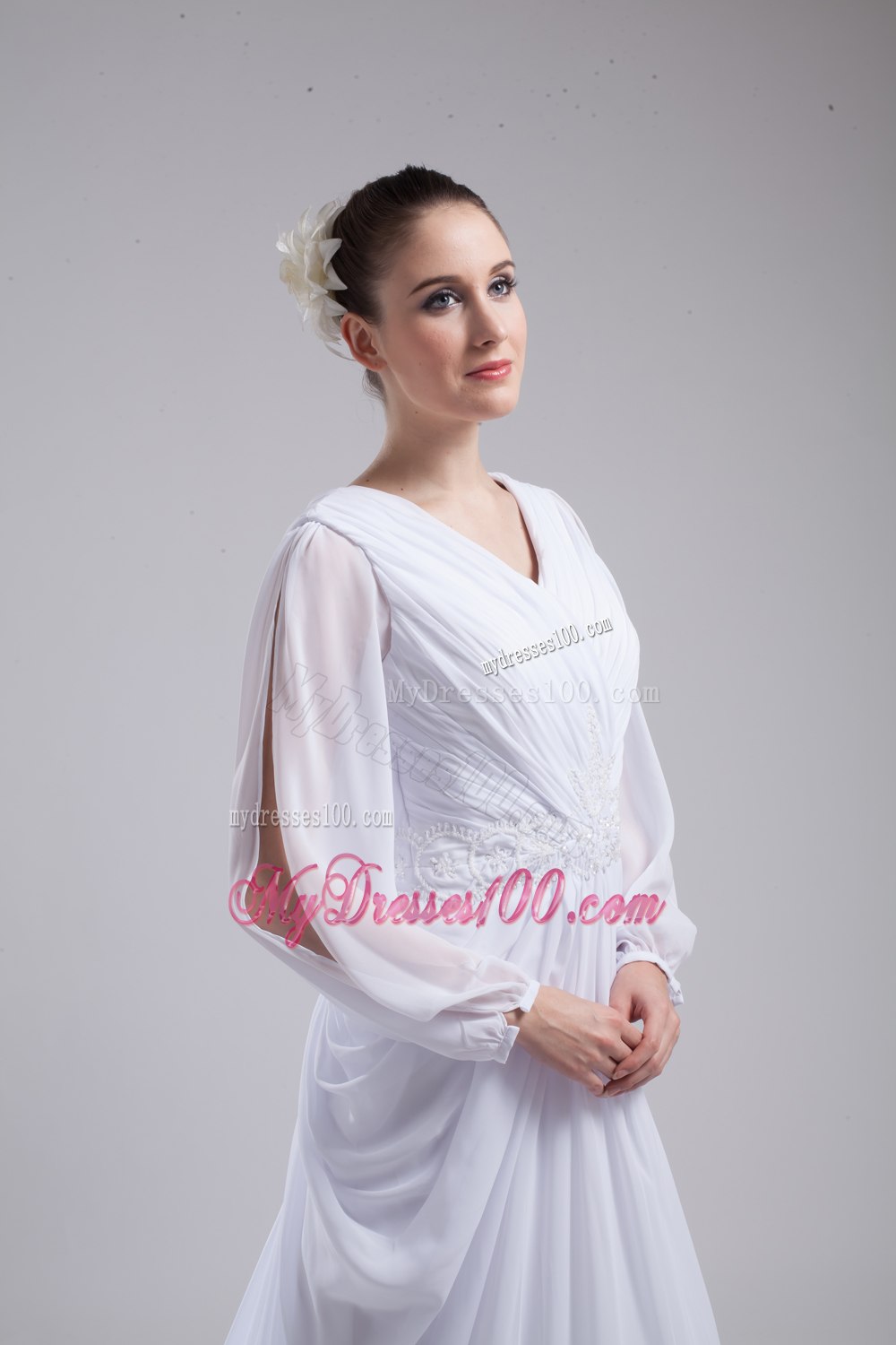 Column V-neck Ruching Long Sleeves Wedding Dress