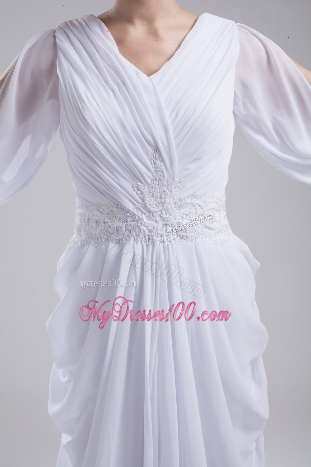 Column V-neck Ruching Long Sleeves Wedding Dress