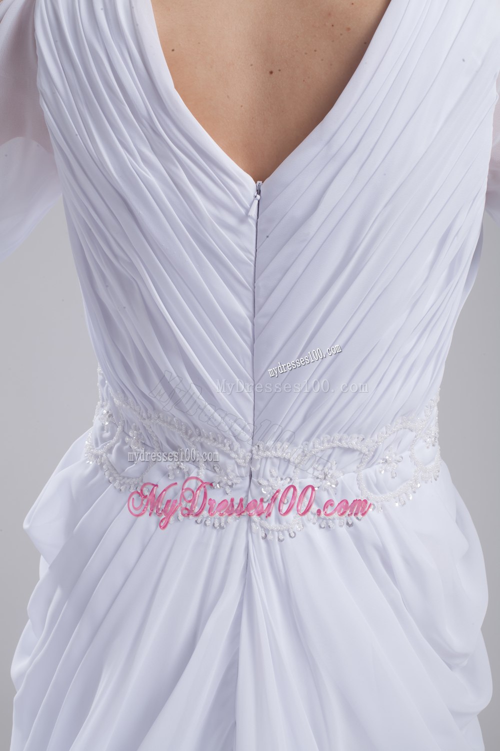 Column V-neck Ruching Long Sleeves Wedding Dress