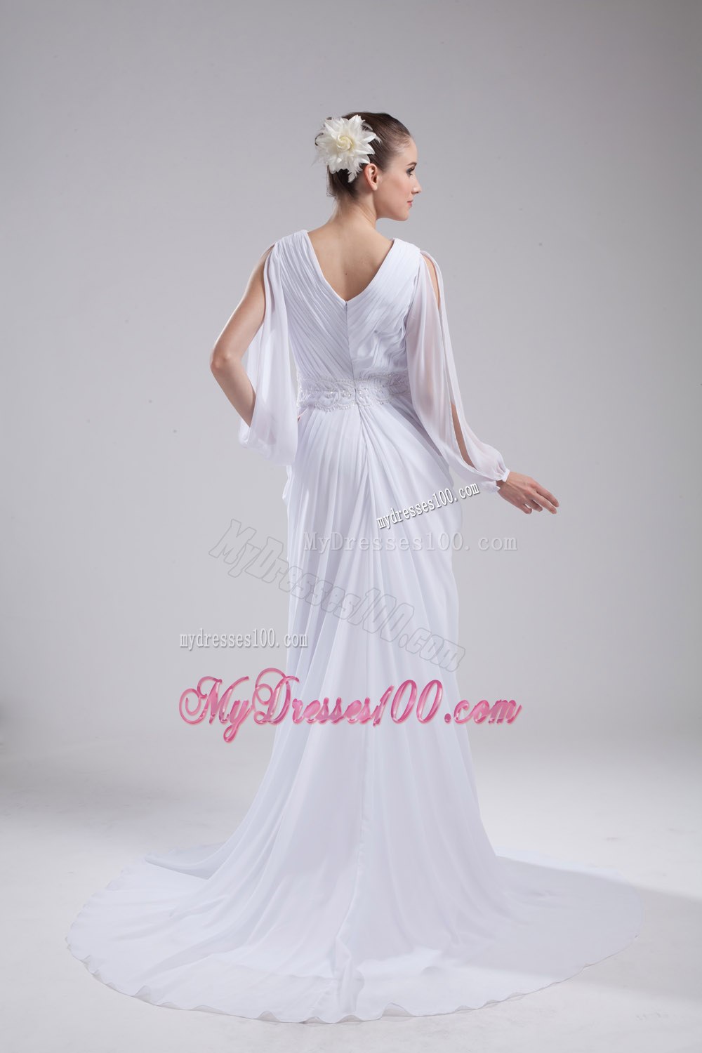 Column V-neck Ruching Long Sleeves Wedding Dress