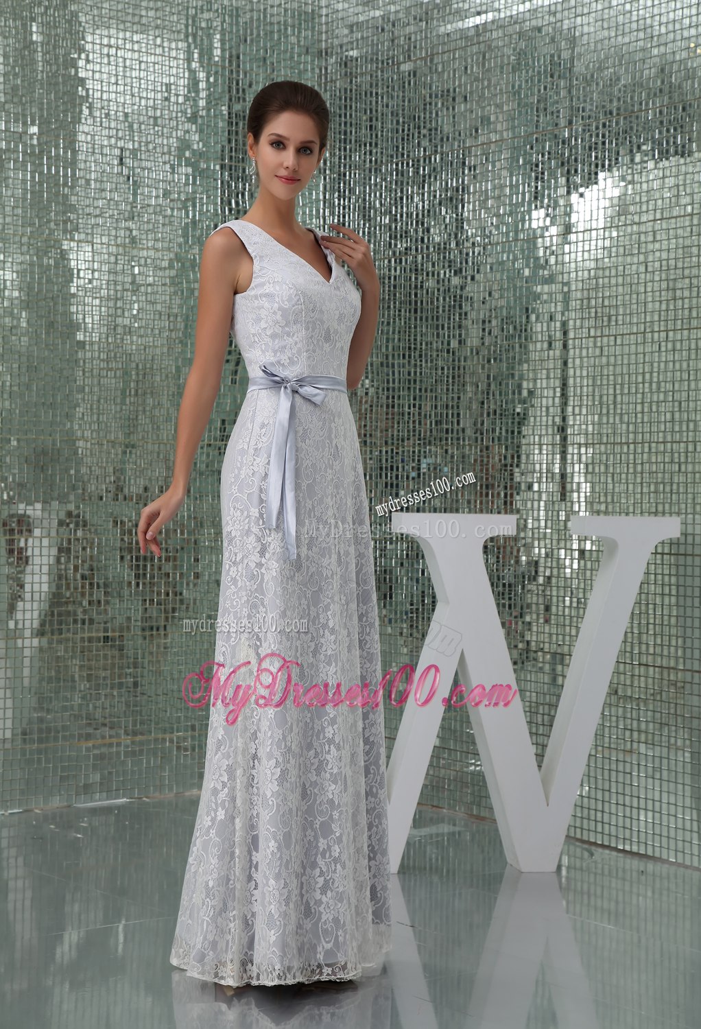 Column V-neck Sash Lace Long Wedding Dress