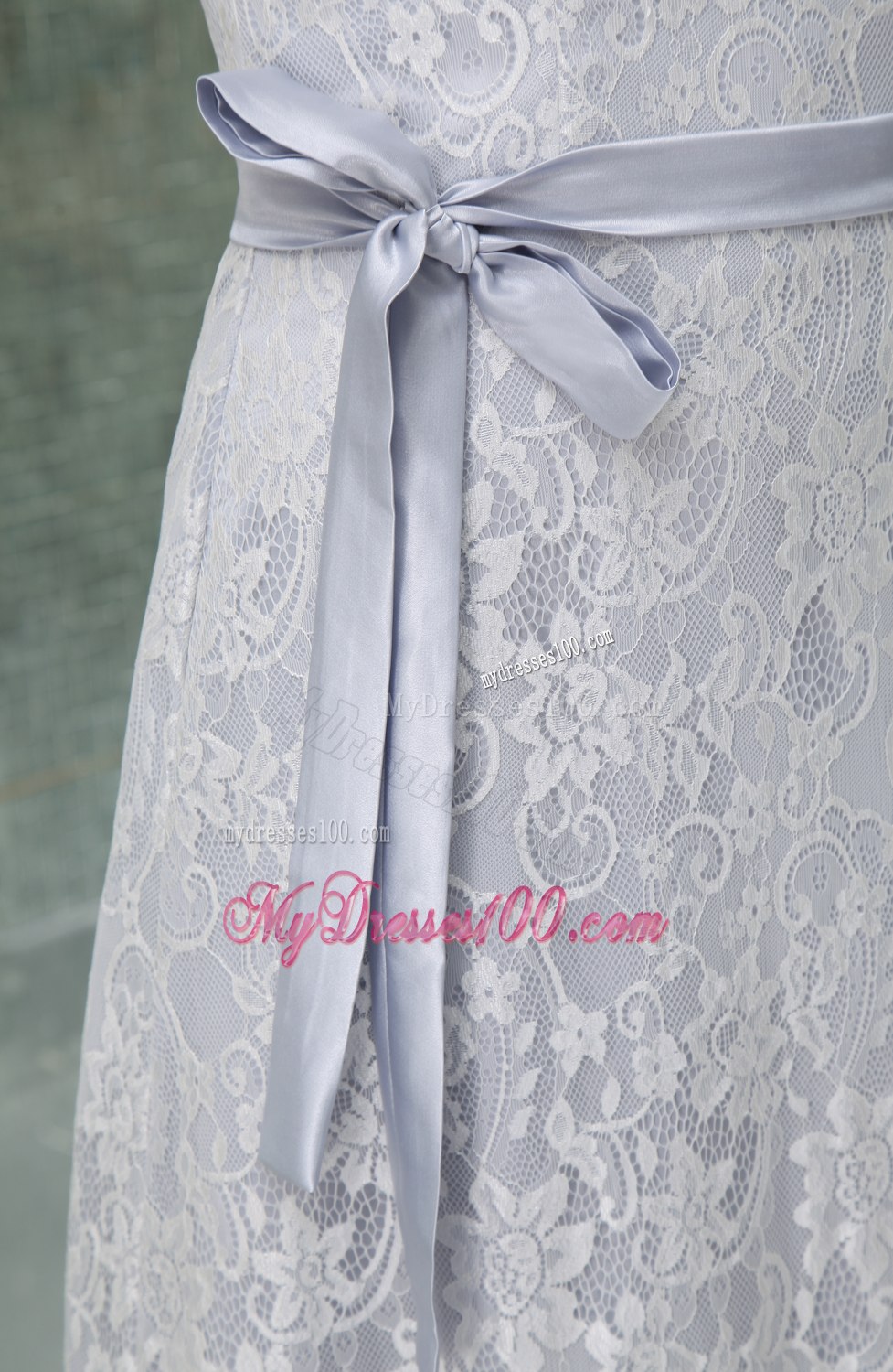 Column V-neck Sash Lace Long Wedding Dress