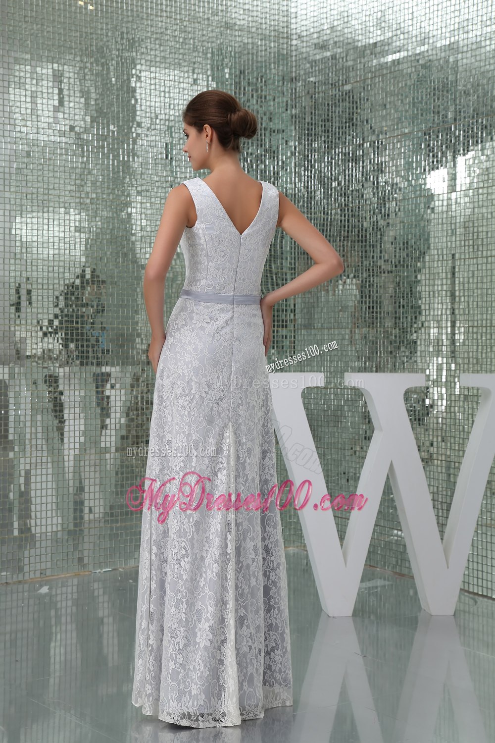 Column V-neck Sash Lace Long Wedding Dress