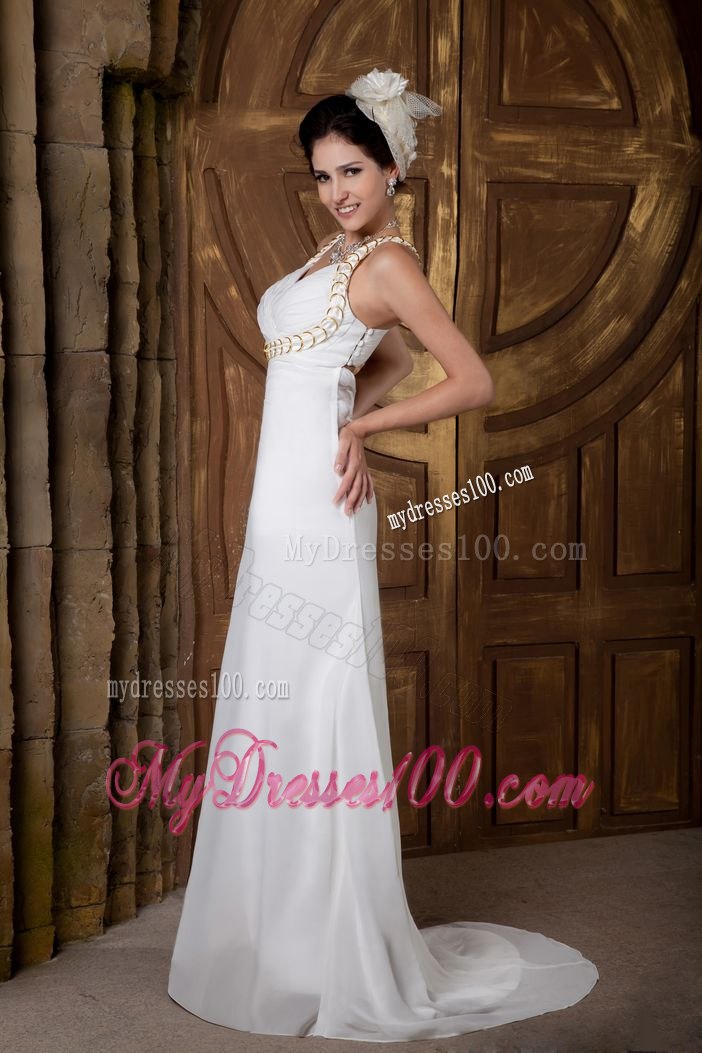 Customize Empire V-neck Brush Train Wedding Dress with Ruching
