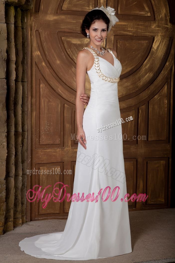 Customize Empire V-neck Brush Train Wedding Dress with Ruching
