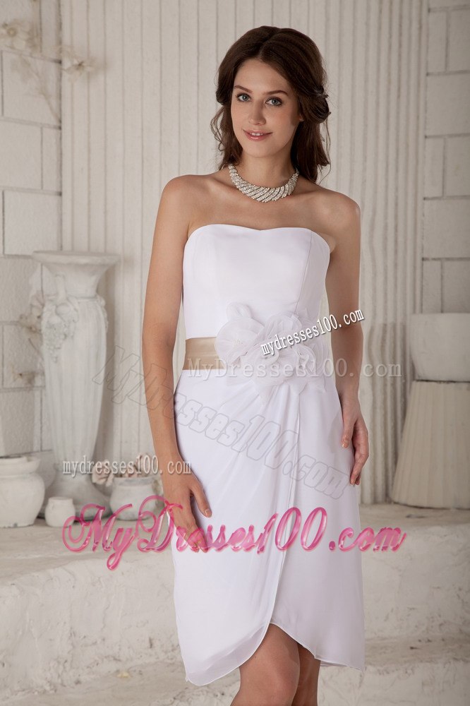 Column Strapless Knee-length Hand Made Flowers Summer Wedding Dress