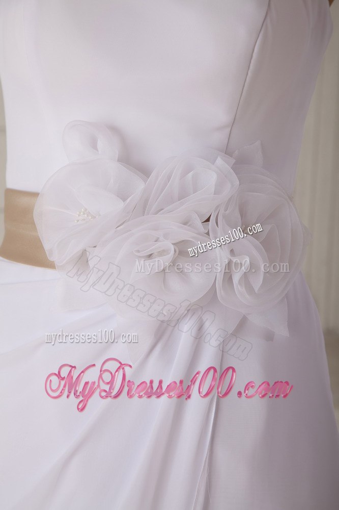 Column Strapless Knee-length Hand Made Flowers Summer Wedding Dress