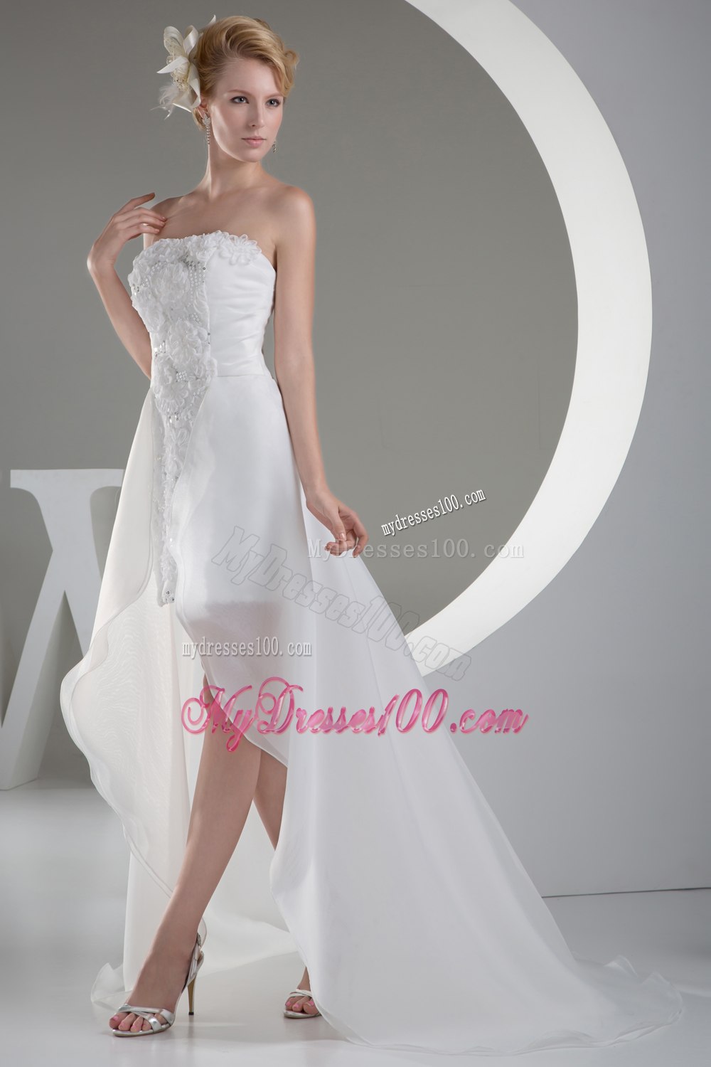 Discount Hand Made Flowers High Low Strapless Wedding Dresses