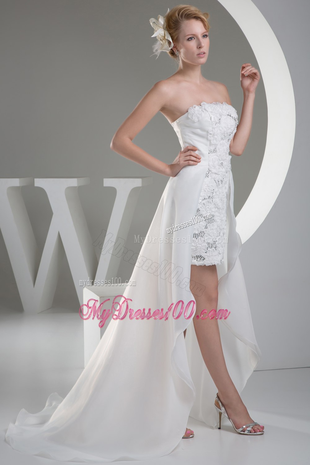 Discount Hand Made Flowers High Low Strapless Wedding Dresses