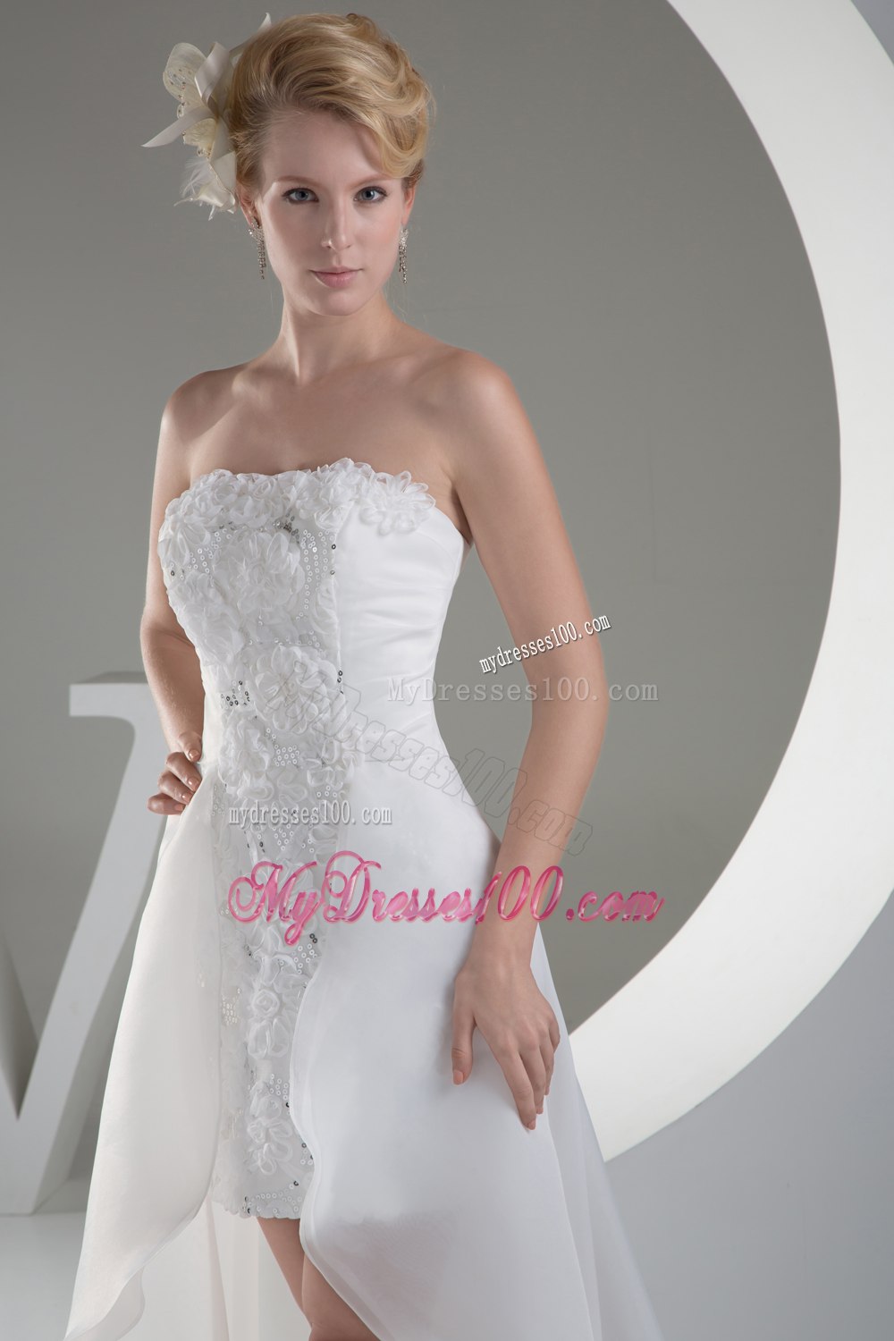 Discount Hand Made Flowers High Low Strapless Wedding Dresses