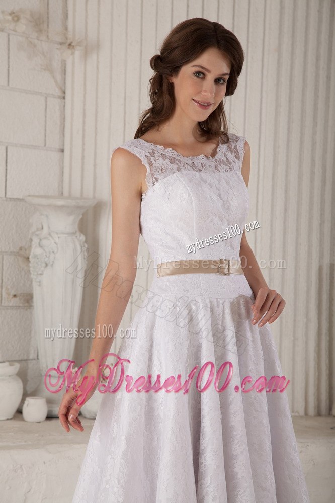 Elegant Princess Scoop Tea-length Lace Belt Wedding Dress