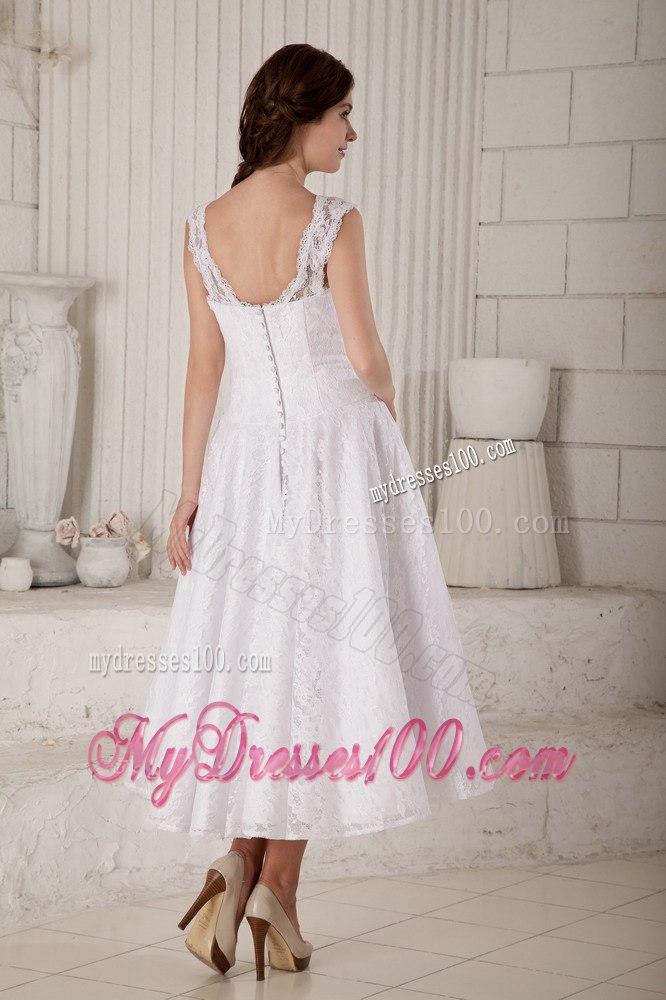Elegant Princess Scoop Tea-length Lace Belt Wedding Dress