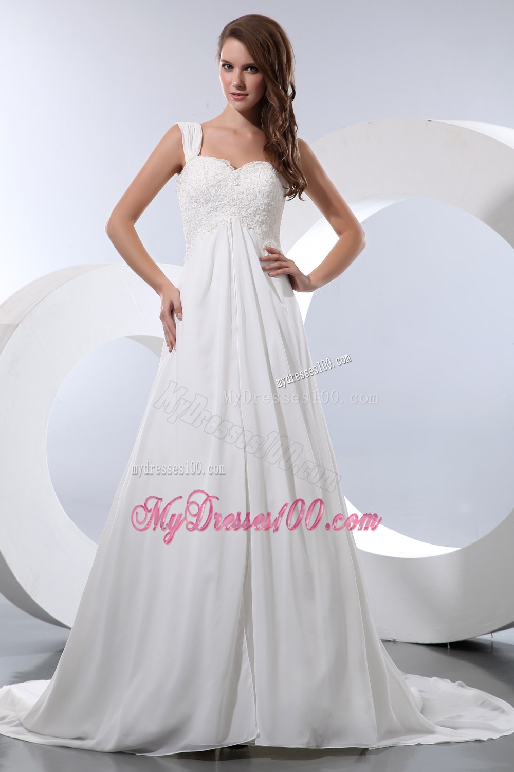 Elegant Straps Court Train Appliques Wedding Dress for Church