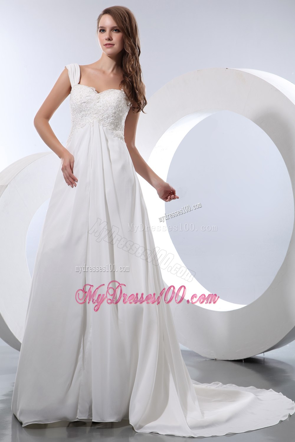 Elegant Straps Court Train Appliques Wedding Dress for Church