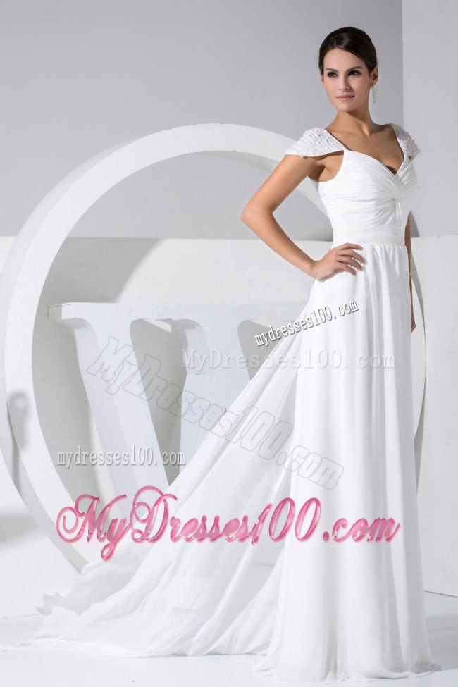 Elegant Beading Decorate Cap Sleeves V-neck Watteau Wedding Dress