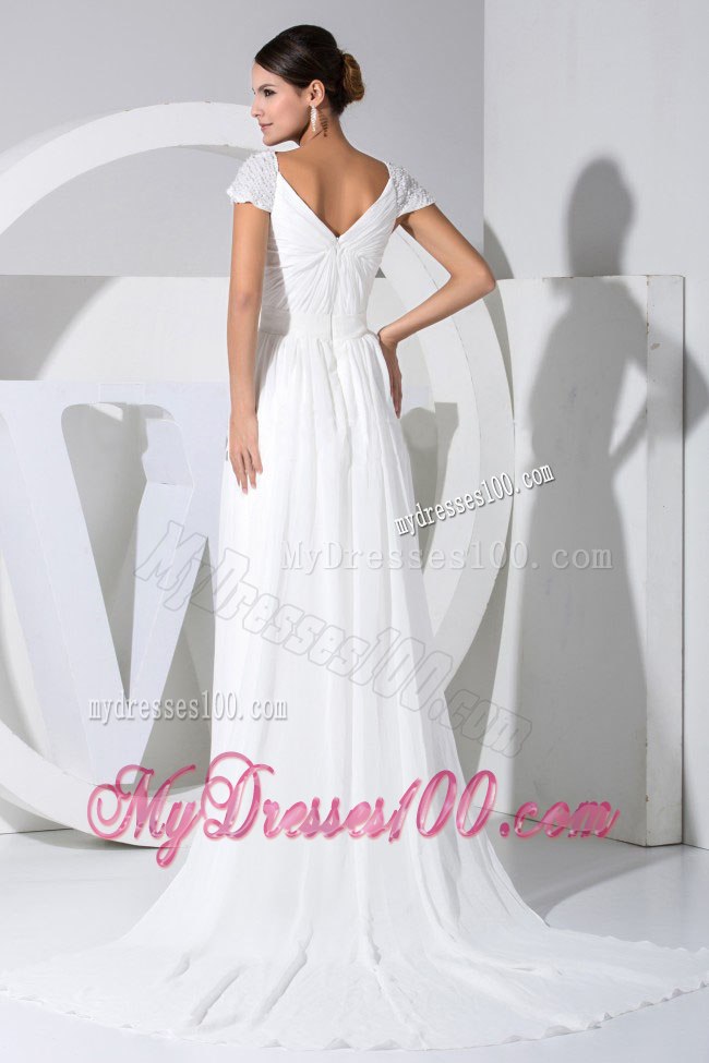 Elegant Beading Decorate Cap Sleeves V-neck Watteau Wedding Dress