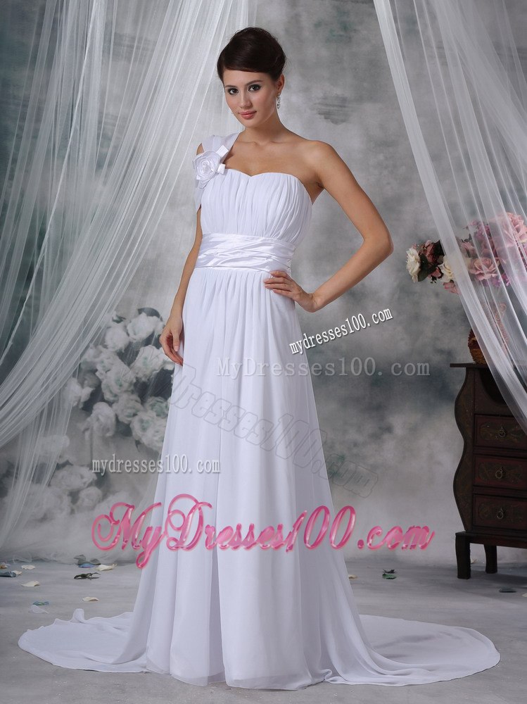 Elegant Column One Shoulder Ruching Wedding Dresses For Outdoor