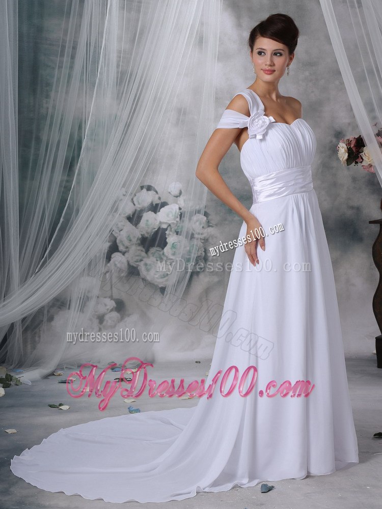 Elegant Column One Shoulder Ruching Wedding Dresses For Outdoor