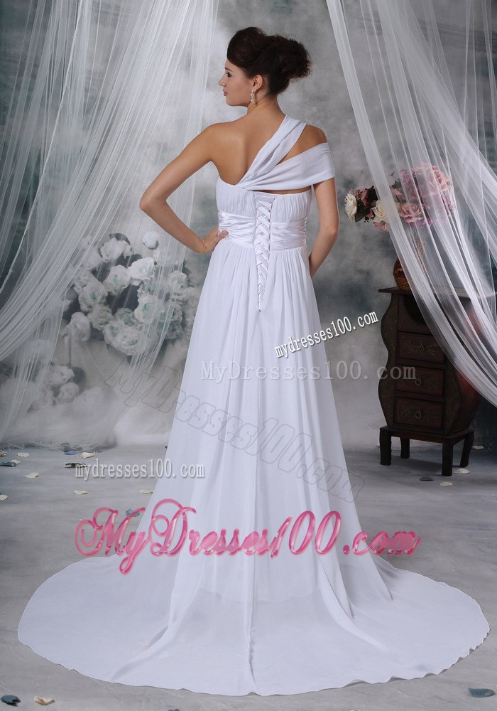 Elegant Column One Shoulder Ruching Wedding Dresses For Outdoor
